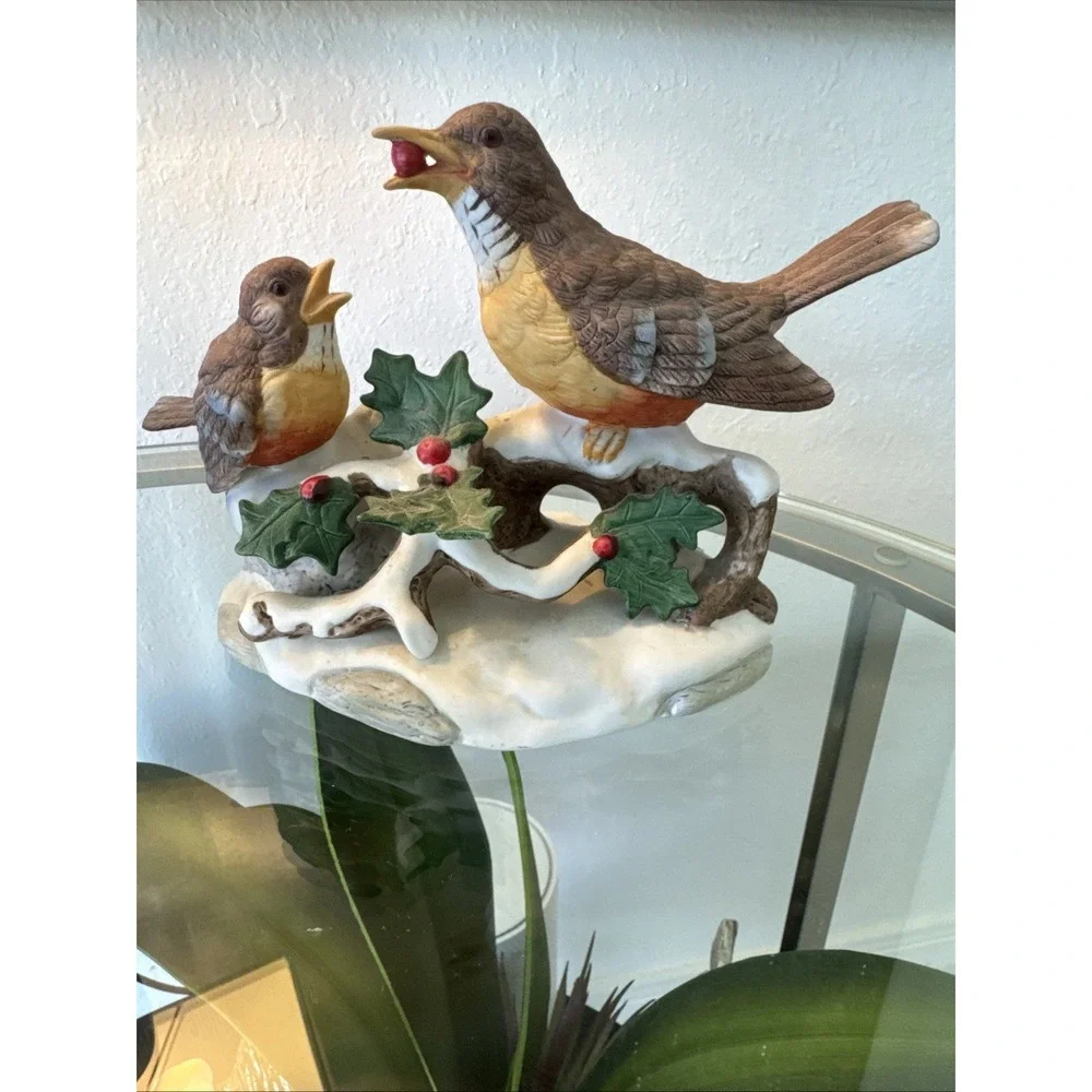 Vintage Taiwan Ceramic Bird Figurine Parent Feeding Baby Bird Holly Snow